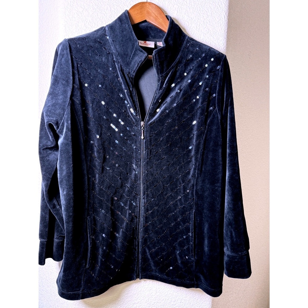Quacker Factory Black Velour Sequin Tracksuit Set Zip Jacket Pants XL Glam Y2K